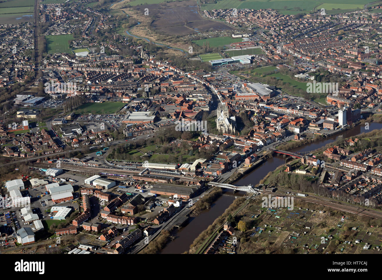 aerial view of the Yorkshire market town of Selby on the River Ouse, UK Stock Photo