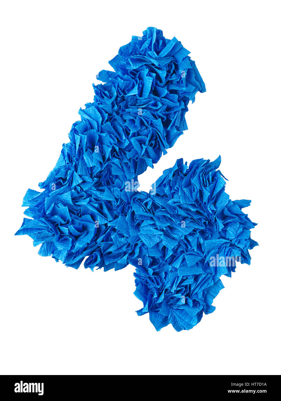 Four. Handmade number 4 from blue crepe paper isolated on white