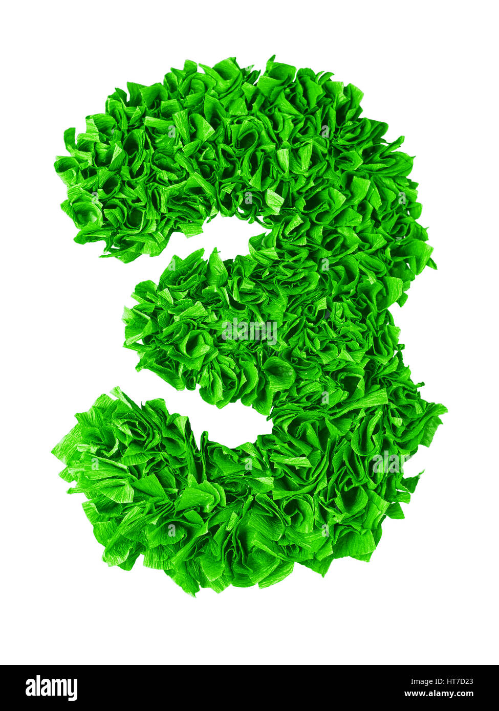 Three. Handmade number 3 from green crepe paper isolated on white background. Set of numbers from scraps of paper Stock Photo