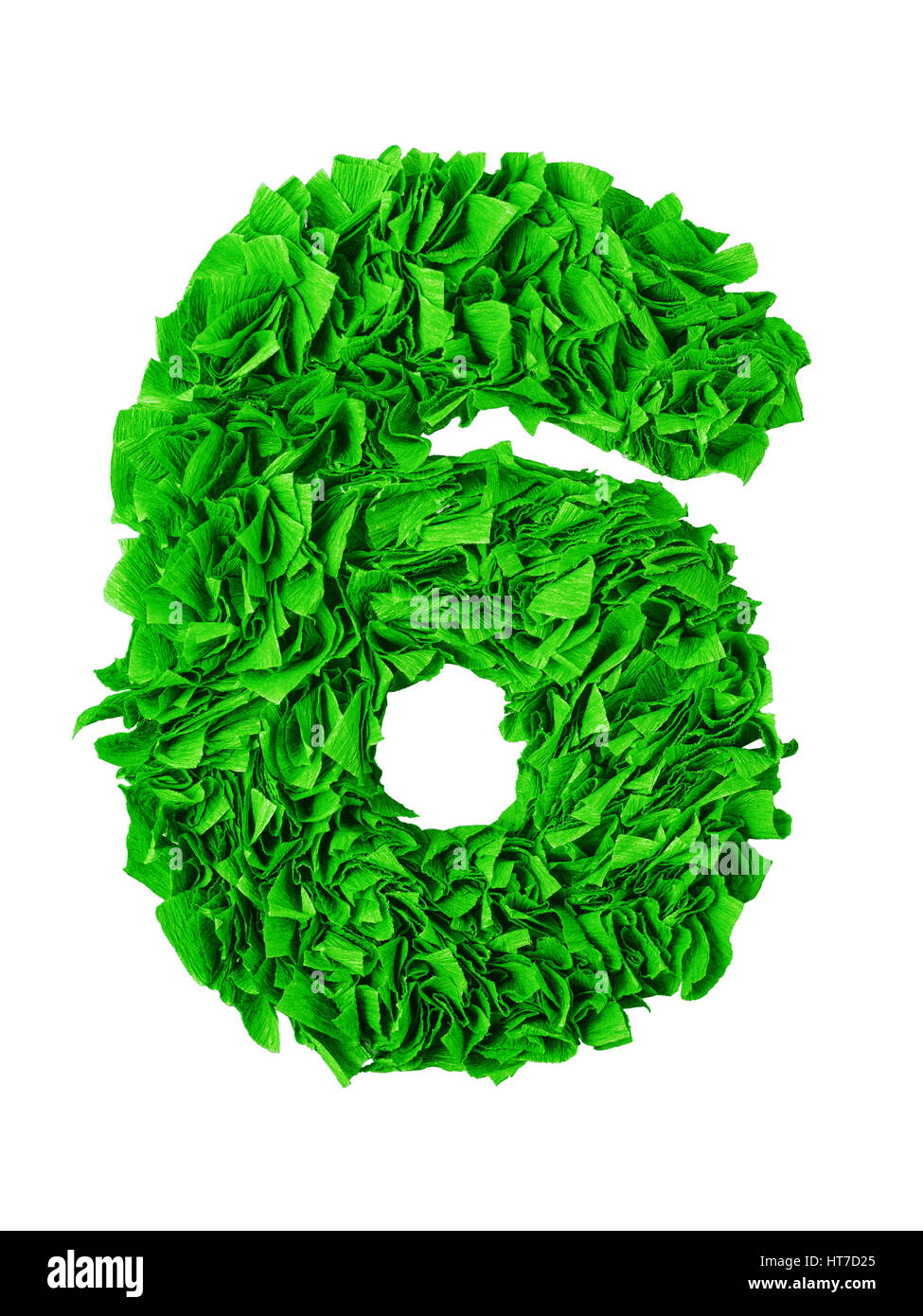 Six. Handmade number 6 from green crepe paper isolated on white background. Set of numbers from scraps of paper Stock Photo