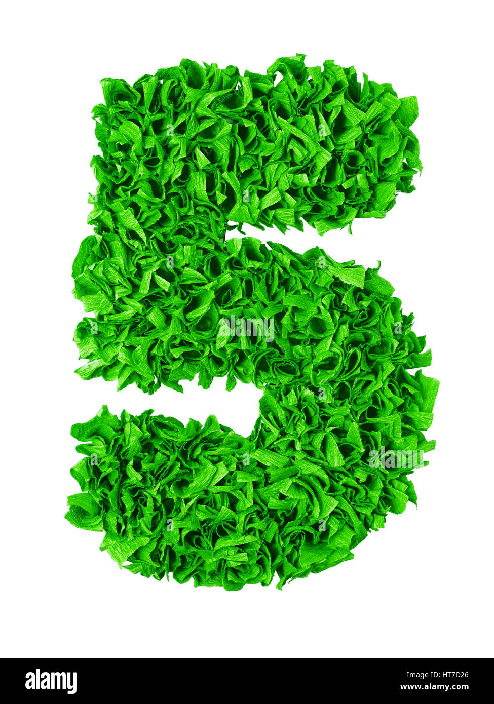 Five. Handmade number 5 from green crepe paper isolated on white background. Set of numbers from scraps of paper Stock Photo