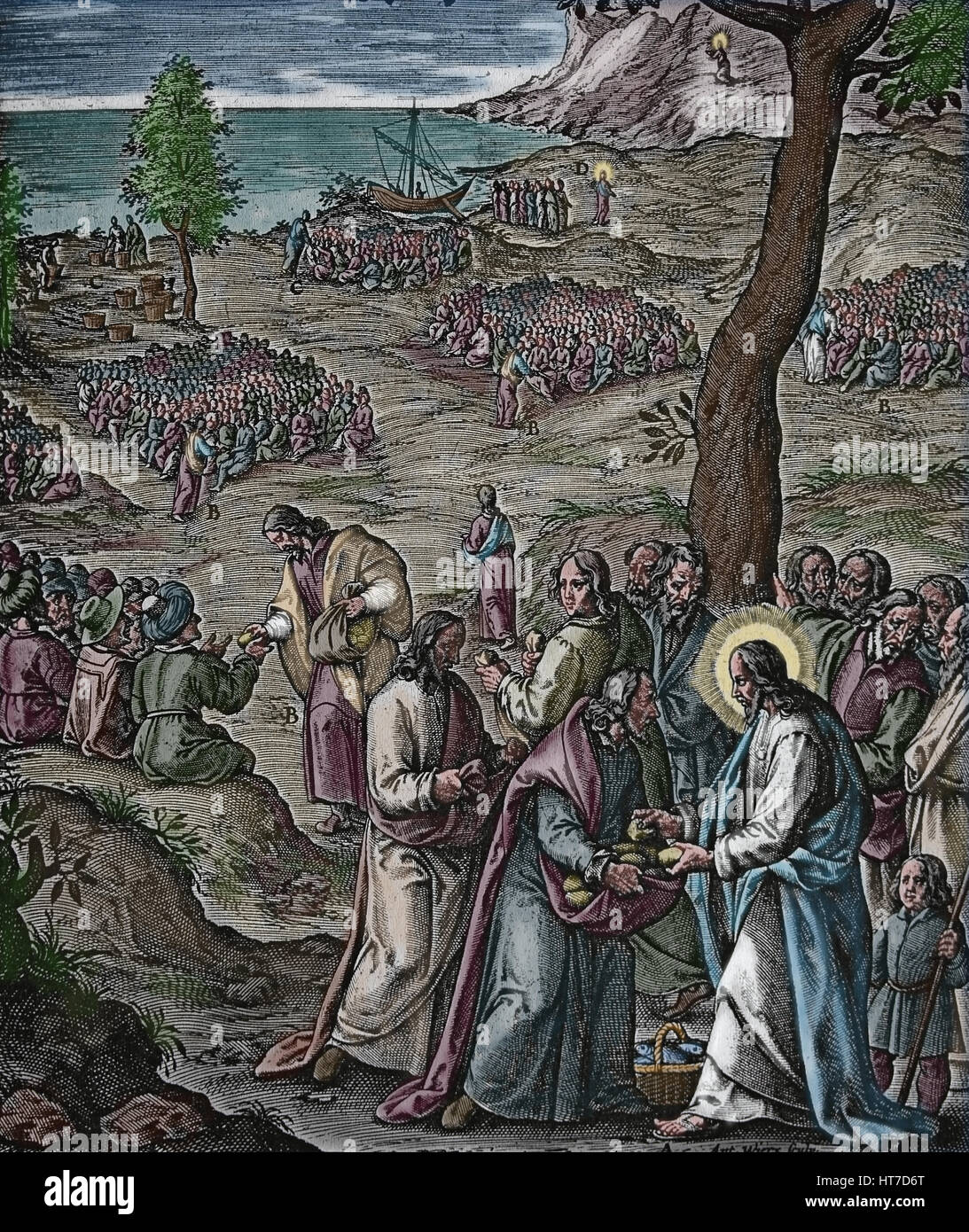 Jesus feeds 5000 peoples. Miracle of the five loaves and two fish. Gospel Illustration by Jerome Nadal (1507-1580). Engraving later colouration. Stock Photo
