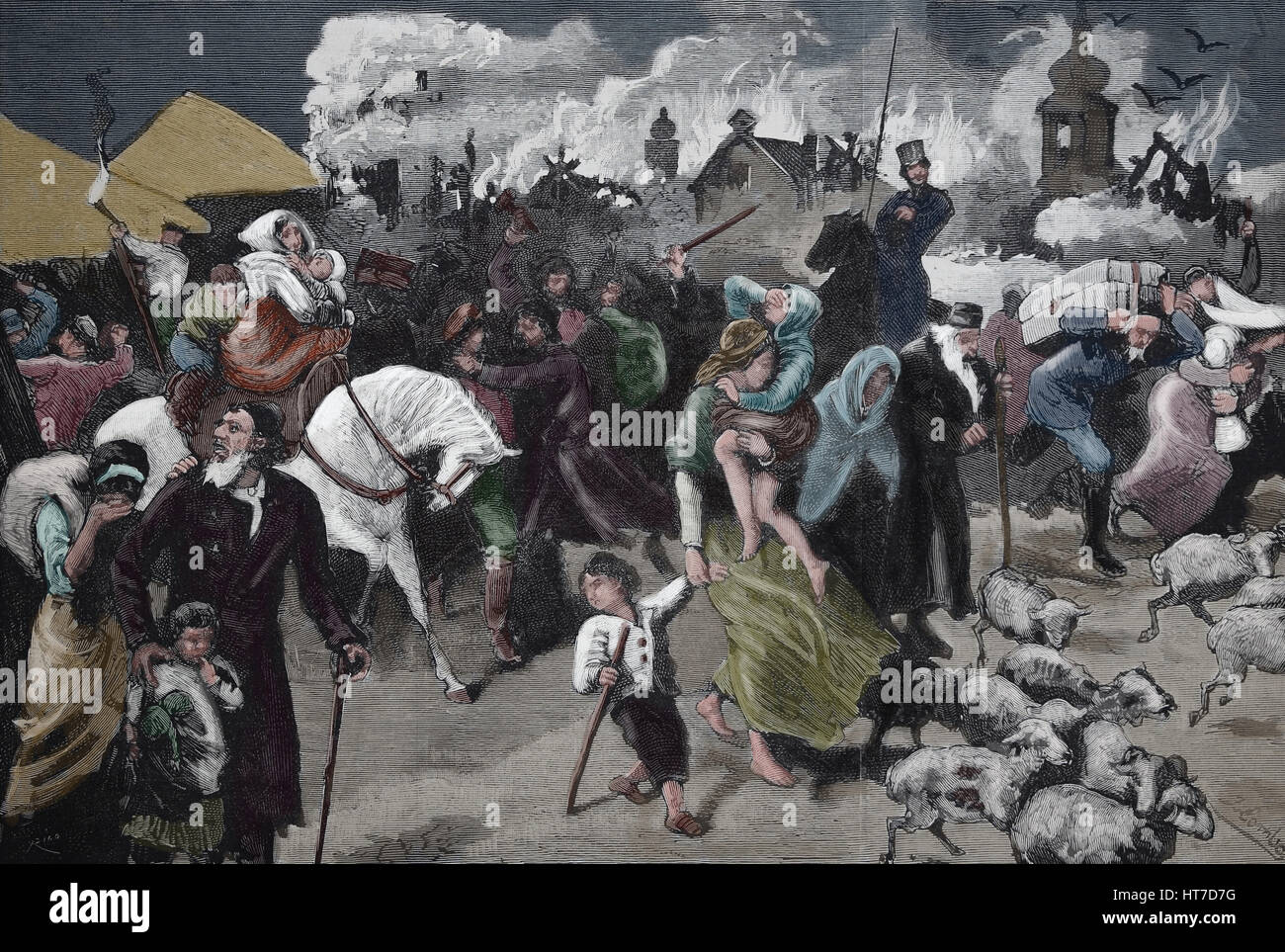 Anti-semitism. Russian Empire. 19th century. Persecution of Jewish. Podolia Village, actual Ukraine. Engraving by the Spanish and American Illustratio Stock Photo