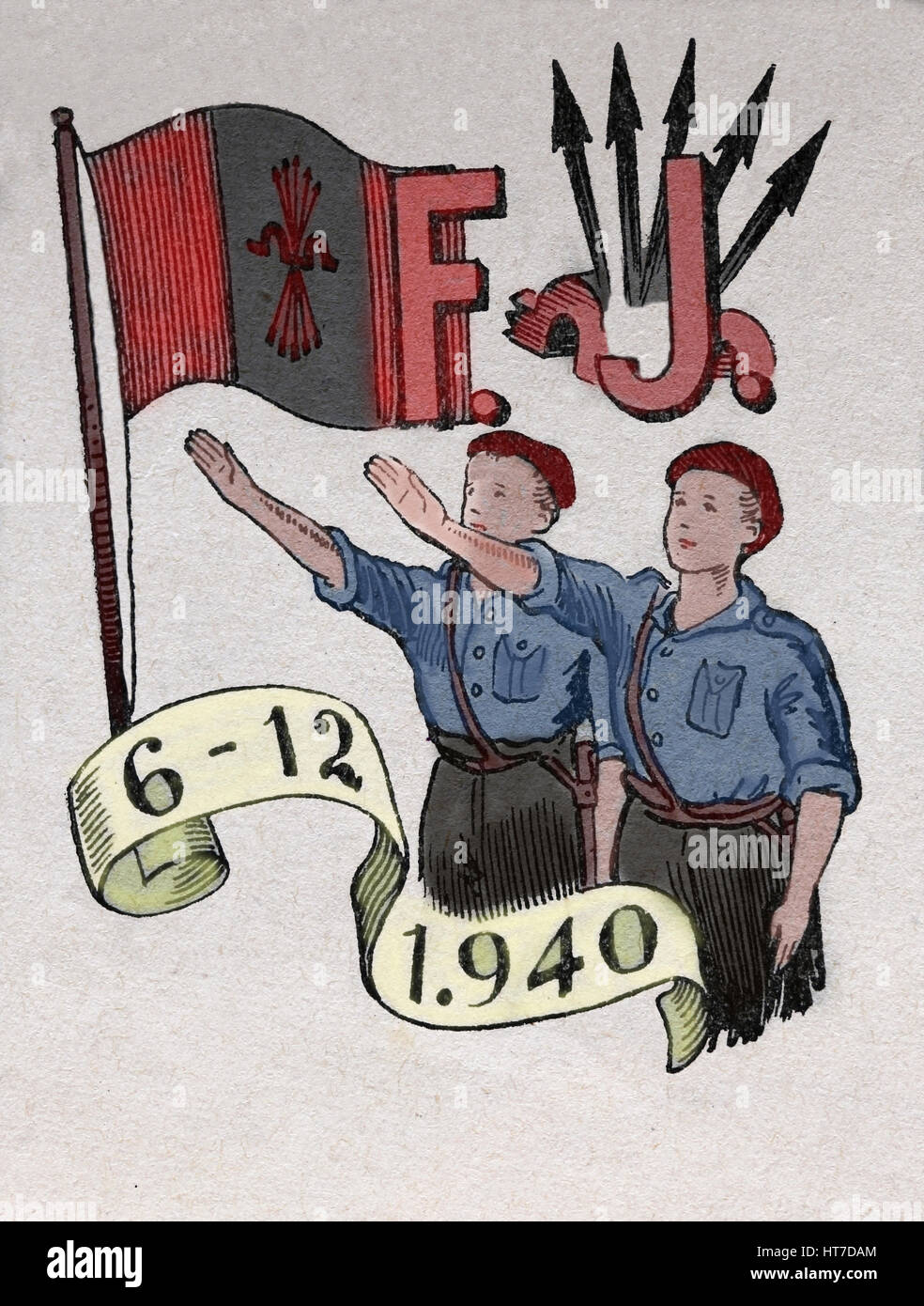 Fascist Falange Youth Movement.  Francoism. Spain. 14th anniversary. Engraving, color. Stock Photo