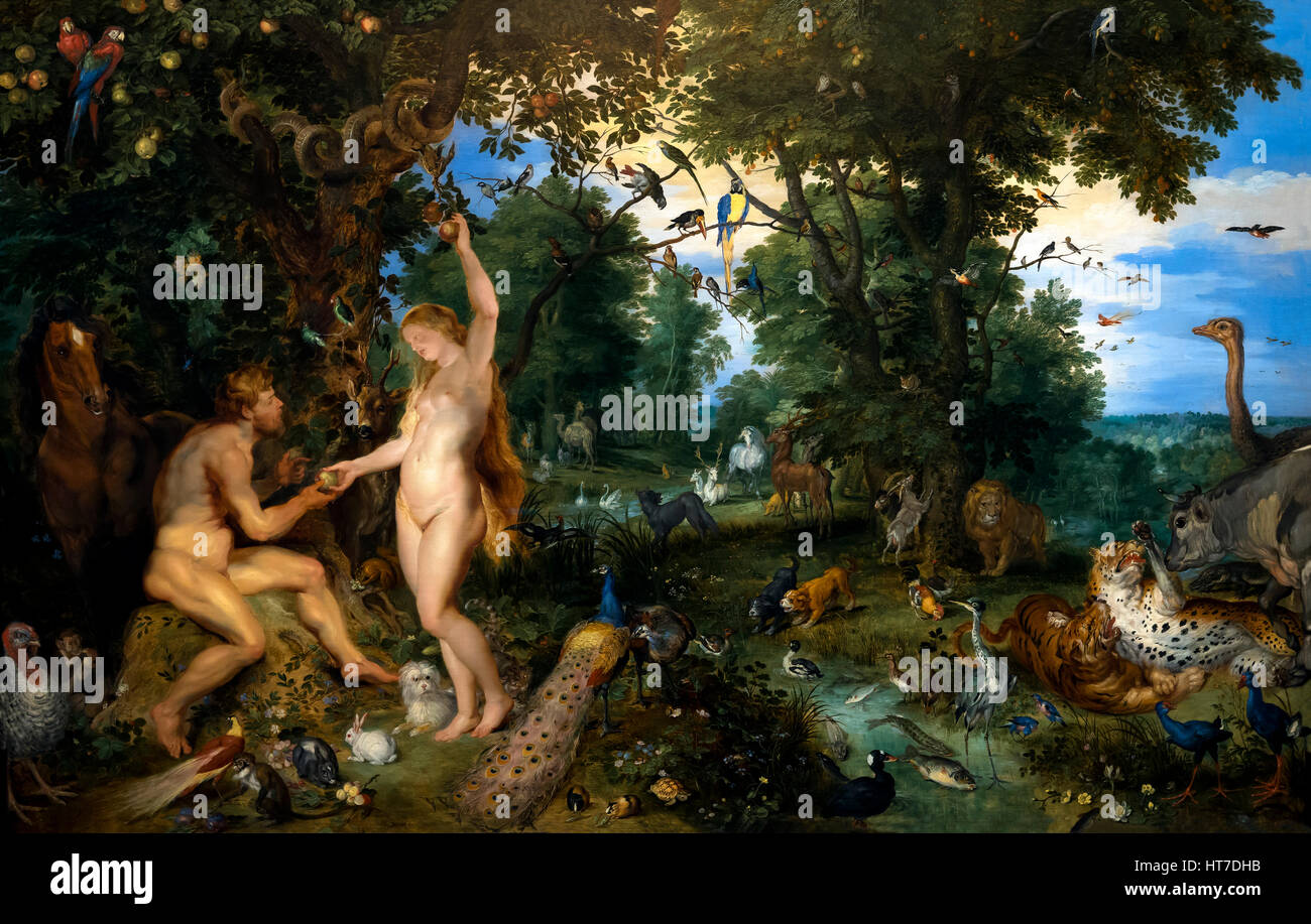 Garden of Eden with the Fall of Man, by Jan Brueghel the Elder and Peter Paul Rubens, circa 1615, Royal Art Gallery, Mauritshuis Museum, The Hague, Ne Stock Photo