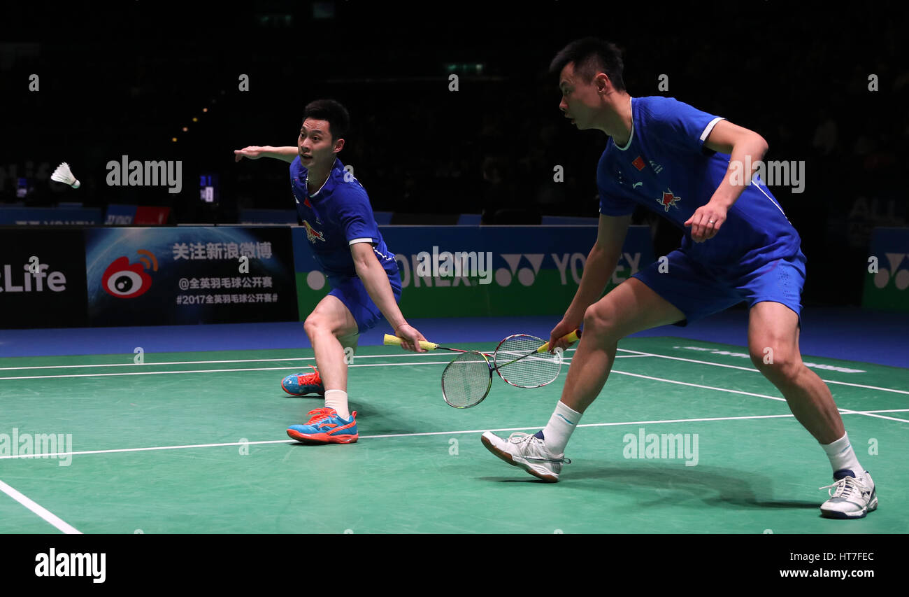 China's Liu Xialonog (left) and Xu Chen in action during the Men's doubles match during day two of the YONEX All England Open Badminton Championships at the Barclaycard Arena, Birmingham. PRESS ASSOCIATION Photo. Picture date: Wednesday March 8, 2017. See PA story BADMINTON Birmingham. Photo credit should read: Simon Cooper/PA Wire Stock Photo