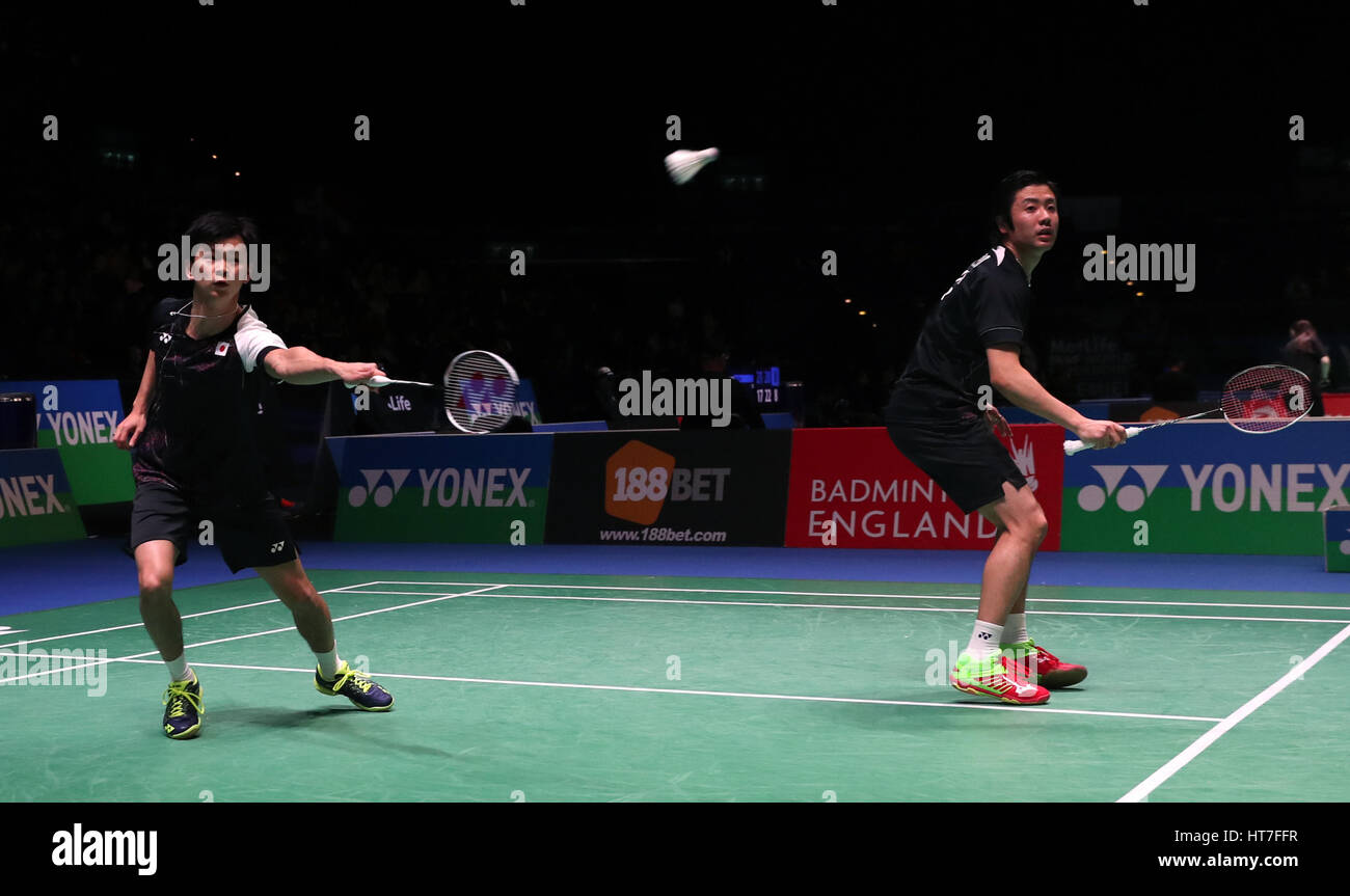 Japan's Hiroyuki Endo (right) and Yuta Watanabe in action during the Men's doubles match during day two of the YONEX All England Open Badminton Championships at the Barclaycard Arena, Birmingham. Stock Photo