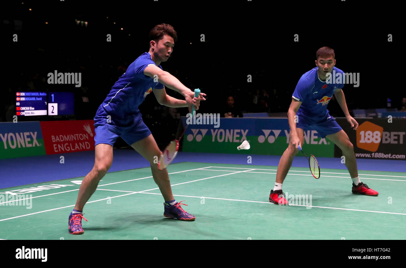 China's Chai Biao (left) and Hong Wei in action during the Men's doubles match during day two of the YONEX All England Open Badminton Championships at the Barclaycard Arena, Birmingham. PRESS ASSOCIATION Photo. Picture date: Wednesday March 8, 2017. See PA story BADMINTON Birmingham. Photo credit should read: Simon Cooper/PA Wire Stock Photo