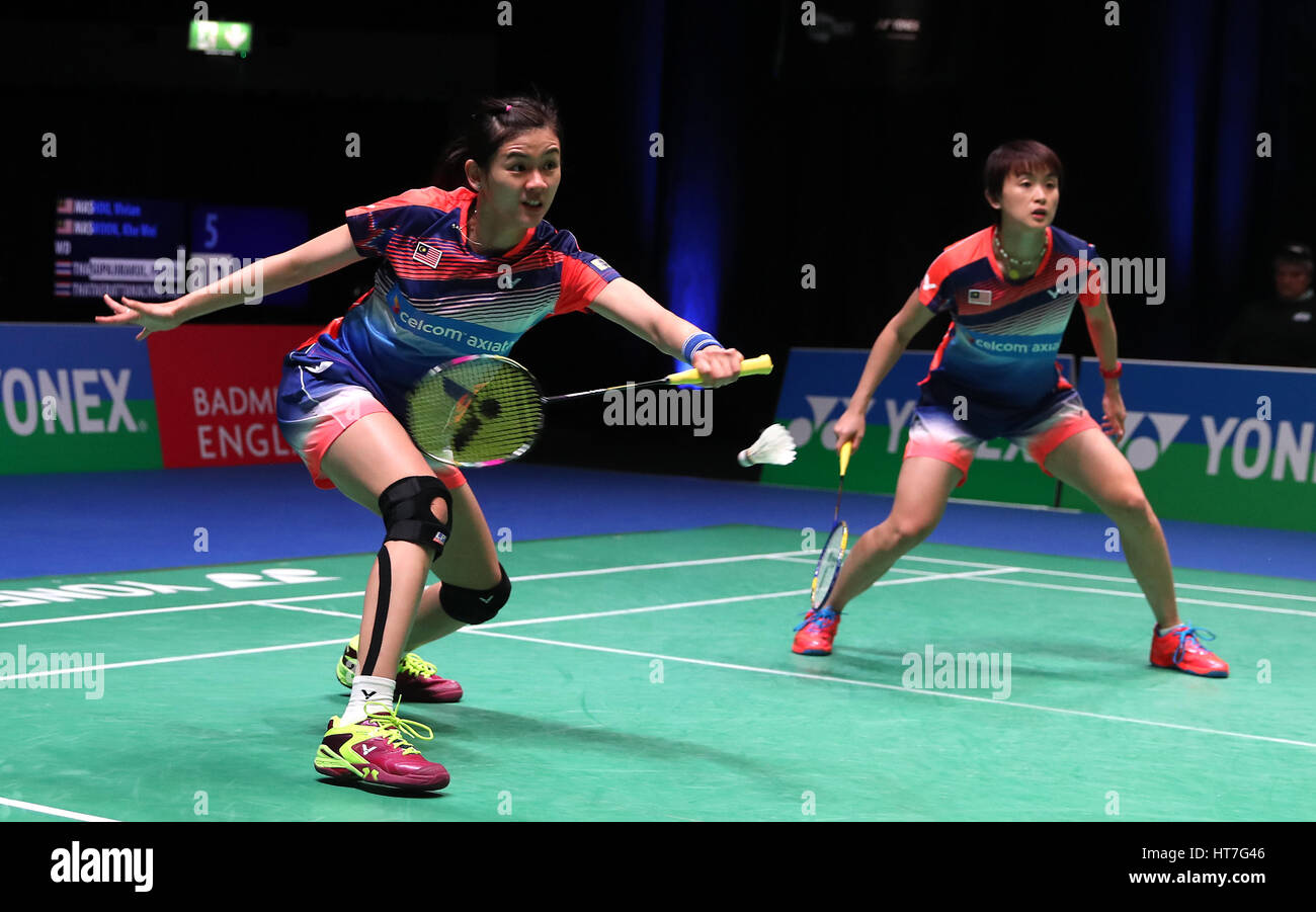 Malaysia's Vivan Hoo and Khe Wei Woon (left) in action during the Women's doubles match during day two of the YONEX All England Open Badminton Championships at the Barclaycard Arena, Birmingham. PRESS ASSOCIATION Photo. Picture date: Wednesday March 8, 2017. See PA story BADMINTON Birmingham. Photo credit should read: Simon Cooper/PA Wire Stock Photo