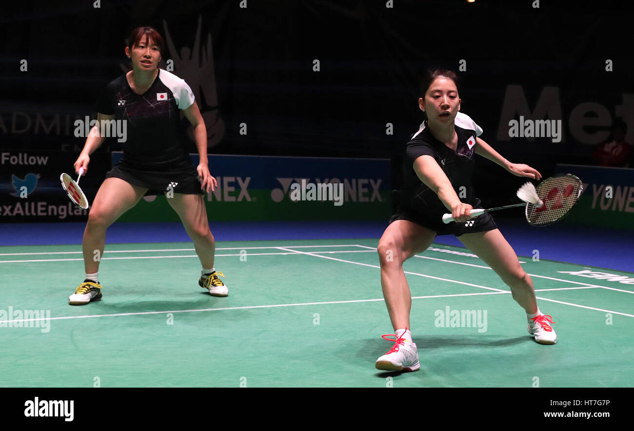 Japan's Shiaho Tanaka (left) and Koharu Yonemoto in action during the Women's doubles match during day two of the YONEX All England Open Badminton Championships at the Barclaycard Arena, Birmingham. Stock Photo