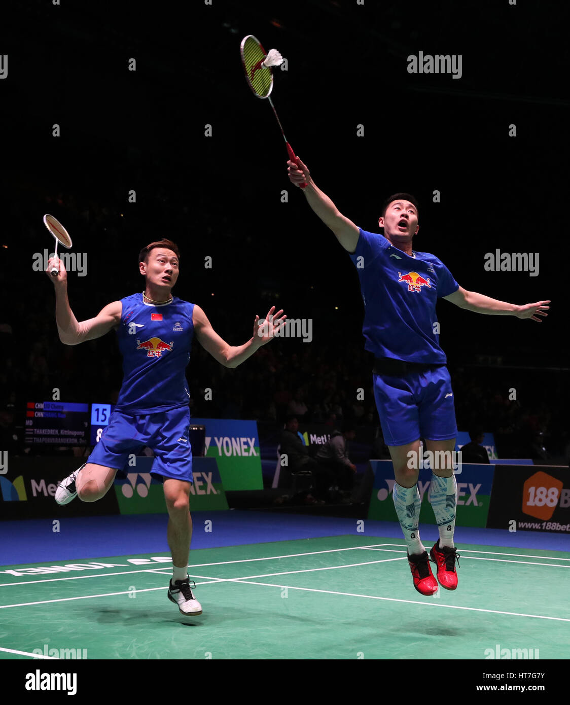 China's Liu Cheng (right) and Zhang Nan in action during the Men's doubles match during day two of the YONEX All England Open Badminton Championships at the Barclaycard Arena, Birmingham. Stock Photo