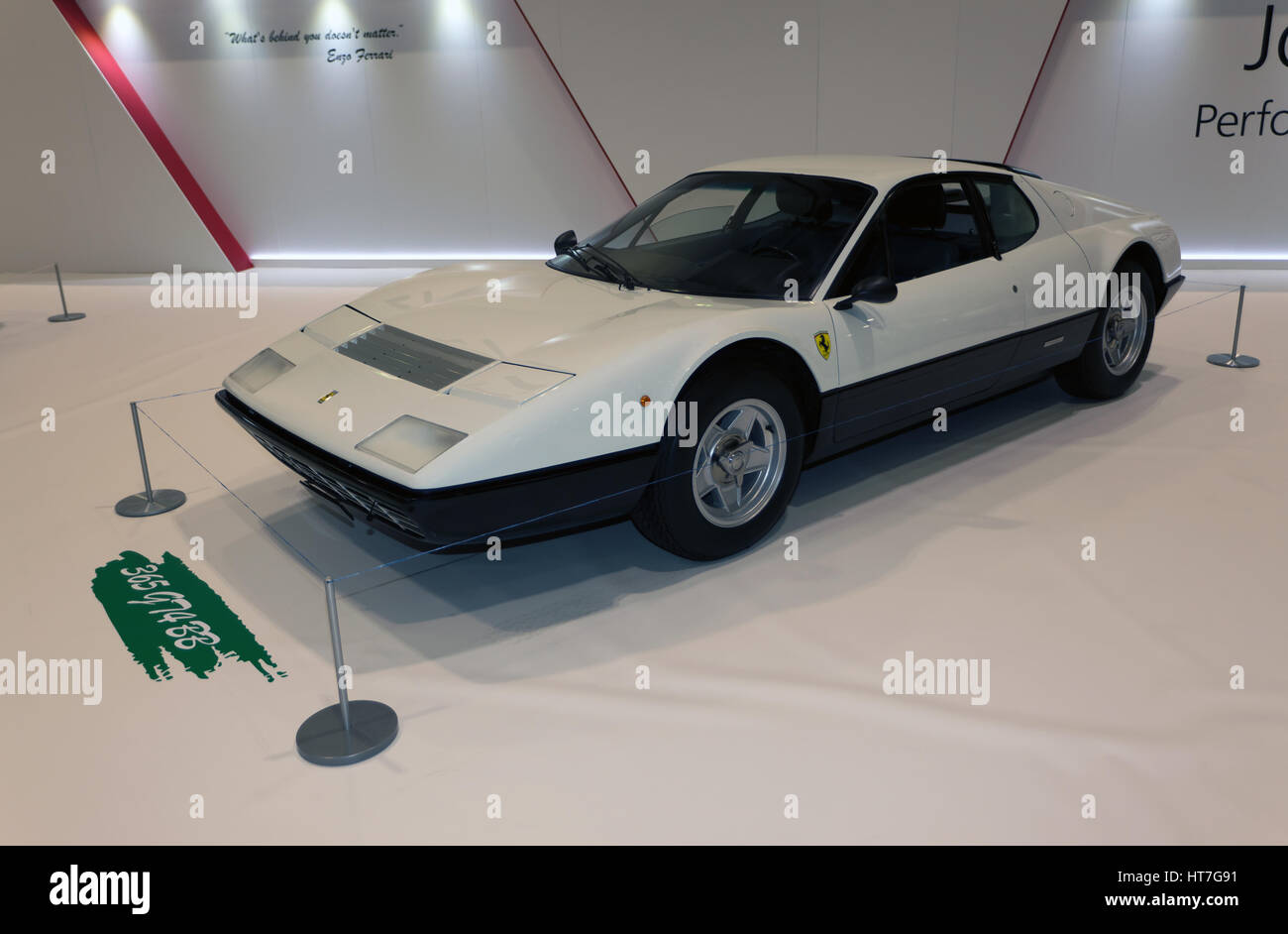 View of a white, Ferrari 365 GT4 BB, part of the Ferrari Tribute Collection at the 2017 London Classic Car Show Stock Photo