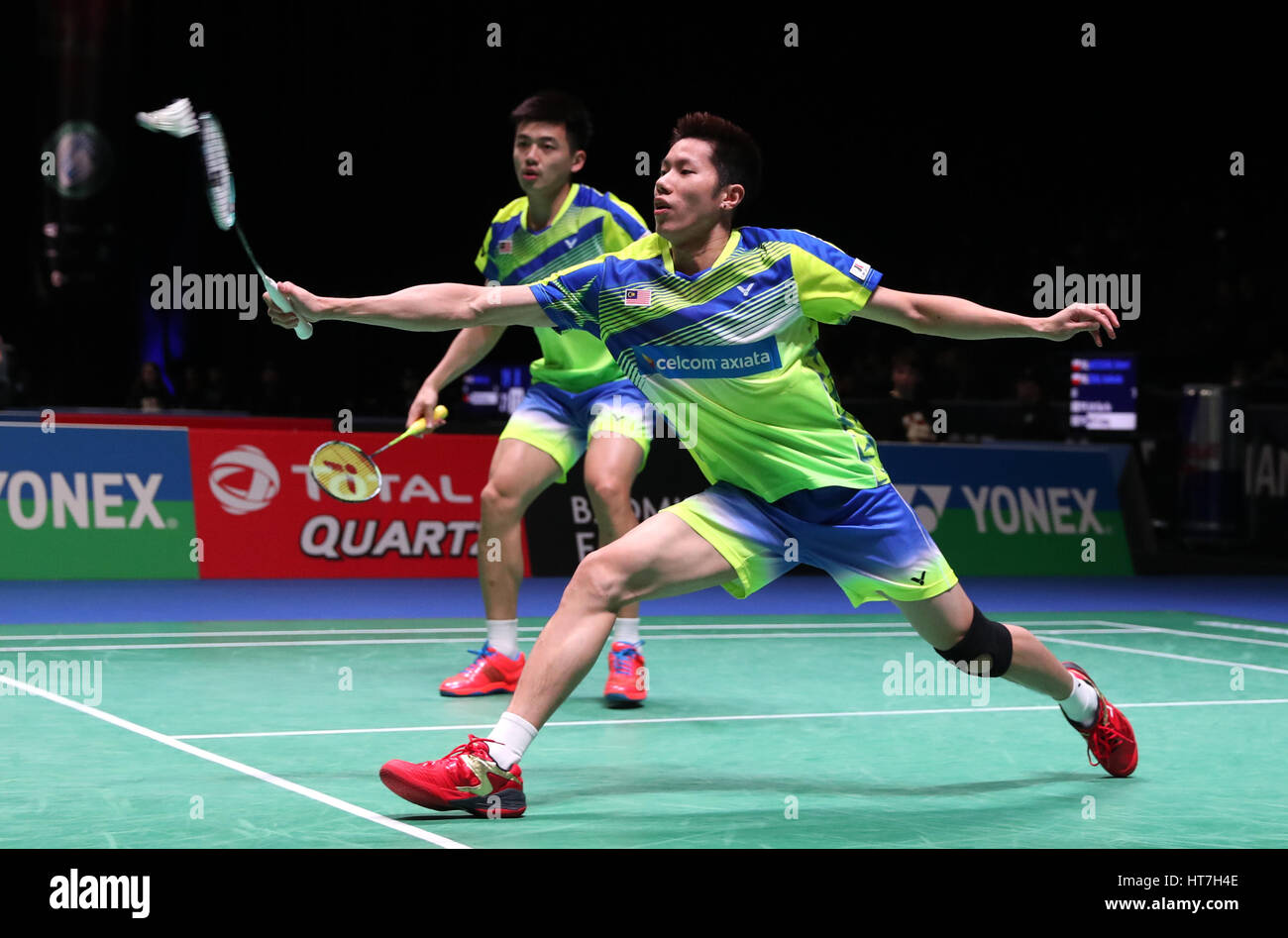 Malaysia's V Shem Goh (back) and Wee Kiong Tan in action during the Men's doubles match during day two of the YONEX All England Open Badminton Championships at the Barclaycard Arena, Birmingham. Stock Photo