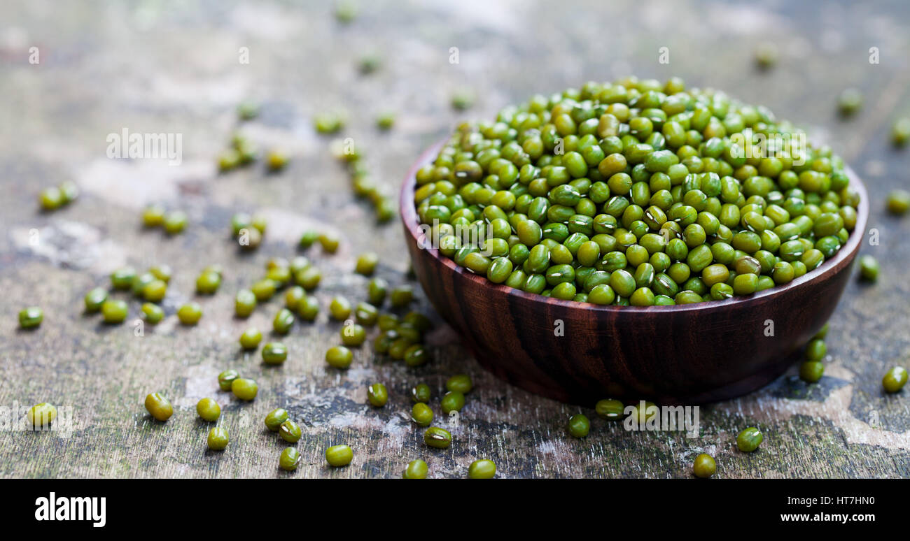 Mung bean, green moong dal in bowl. Copy space. Stock Photo