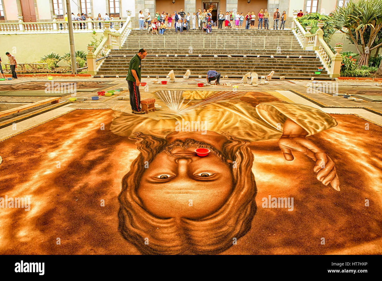 Artist Preparing Paintings For Feast Of Corpus Christi In Orotava, Tenerife Stock Photo