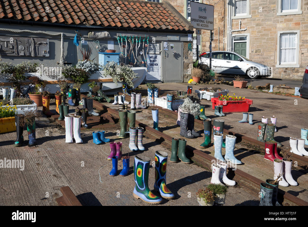 Wellington boots garden in St Monan's in Scotland Stock Photo