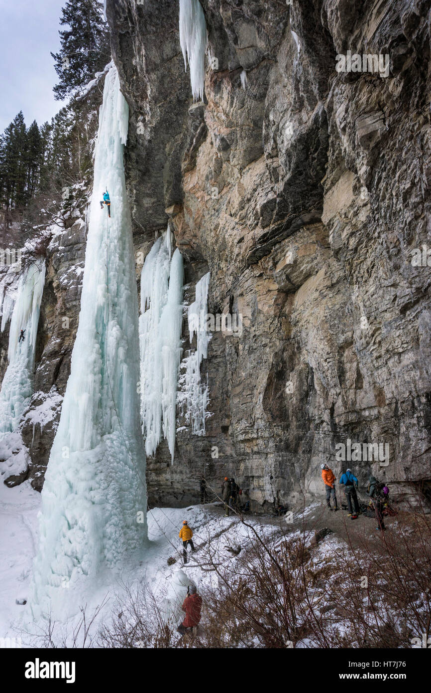 Distant View Of A Ice Climbing The Fang Near Vail, Colorado Stock Photo