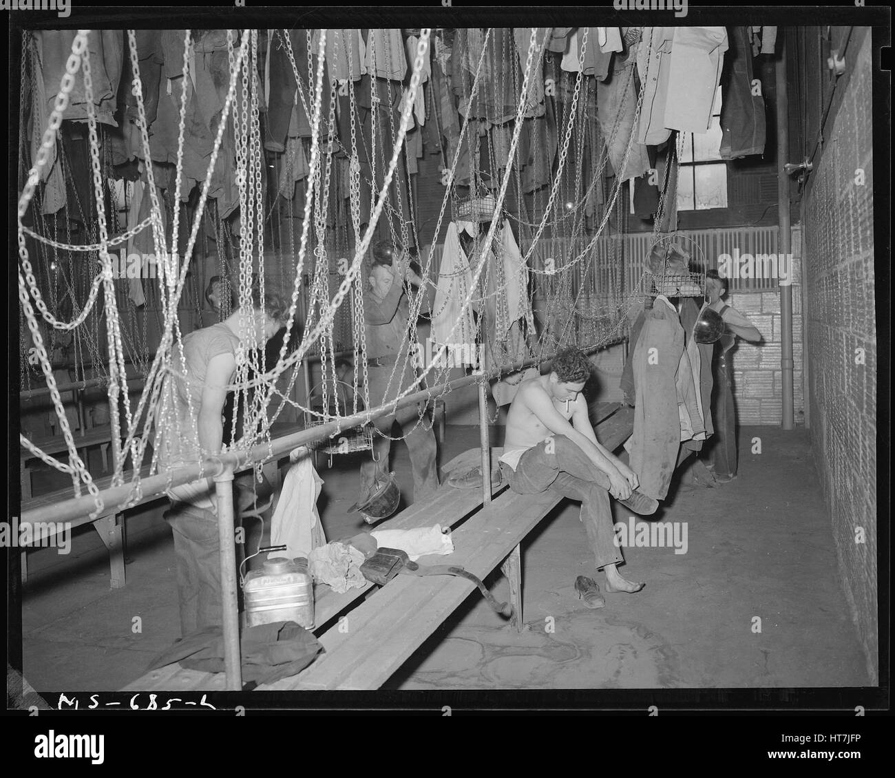 Photograph of Union Pacific Coal Company miners changing clothes in
