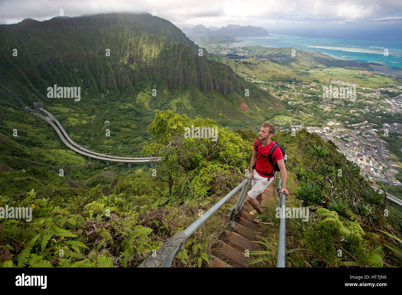 Extreme Hiker Chase Norton About Half Way Through The Haiku Stairs In Oahu Stock Photo