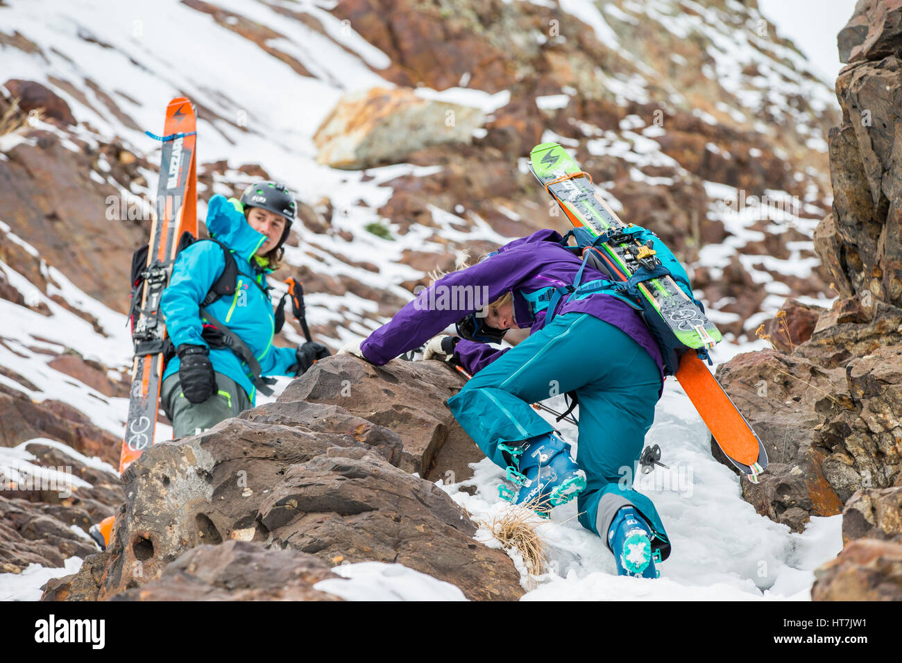 Two Friends Backcountry Skiing In The Wasatch Mountains Stock Photo
