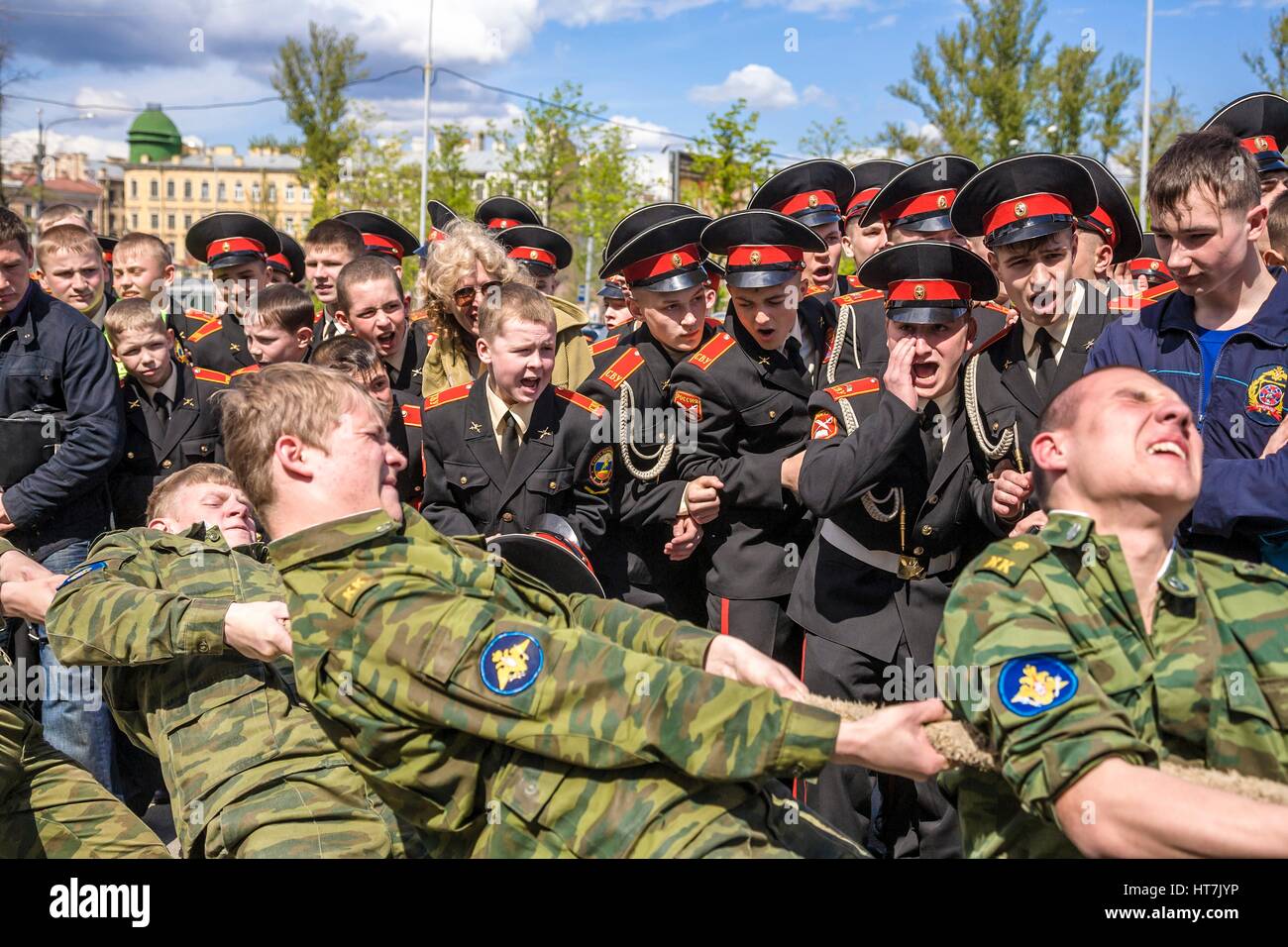 Group Of A Russian Cadets Competing In A Game Of Tug-of-war Stock Photo