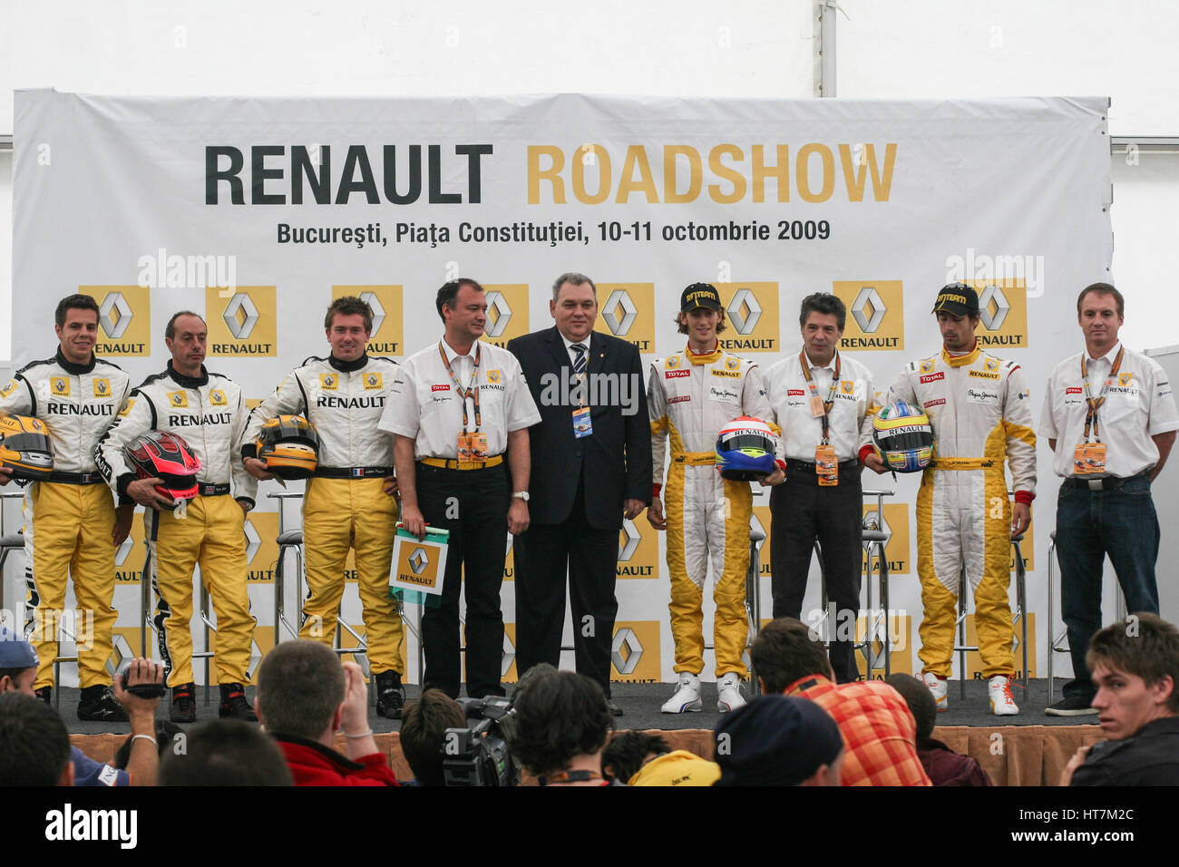 Bucharest, Romania, October 10, 2009: Pilots from the Renault team poses during a press conference on the occasion of Renault Road show held in Buchar Stock Photo