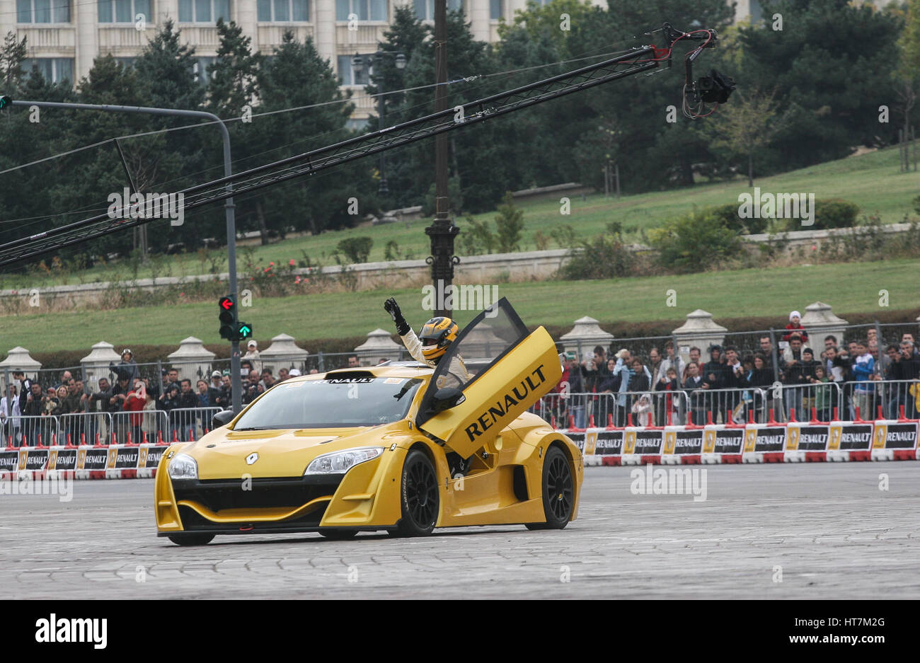 Bucharest, Romania, October 10, 2009: A Renault racing car takes a driving demonstration on the occasion of Renault Road show held in Bucharest. Stock Photo