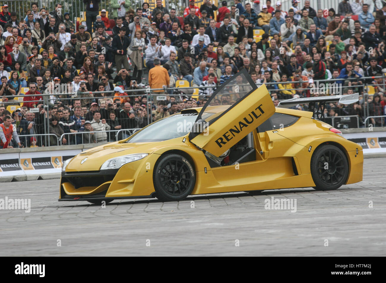 Bucharest, Romania, October 10, 2009: A Renault racing car takes a driving demonstration on the occasion of Renault Road show held in Bucharest. Stock Photo