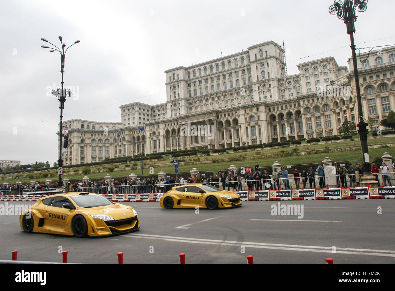 Bucharest, Romania, October 10, 2009: Renault racing cars take driving demonstrations on the occasion of Renault Road show held in Bucharest. Stock Photo