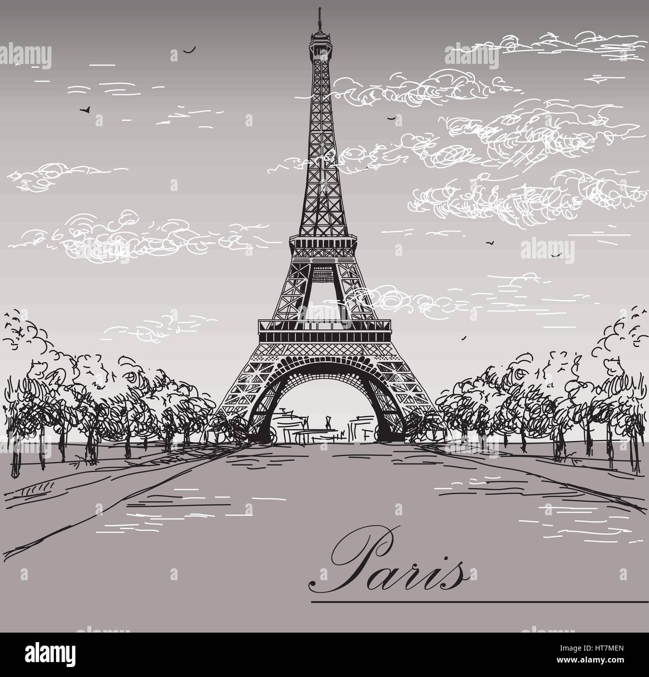 Landscape With Eiffel Tower In Black And White Colors On Grey