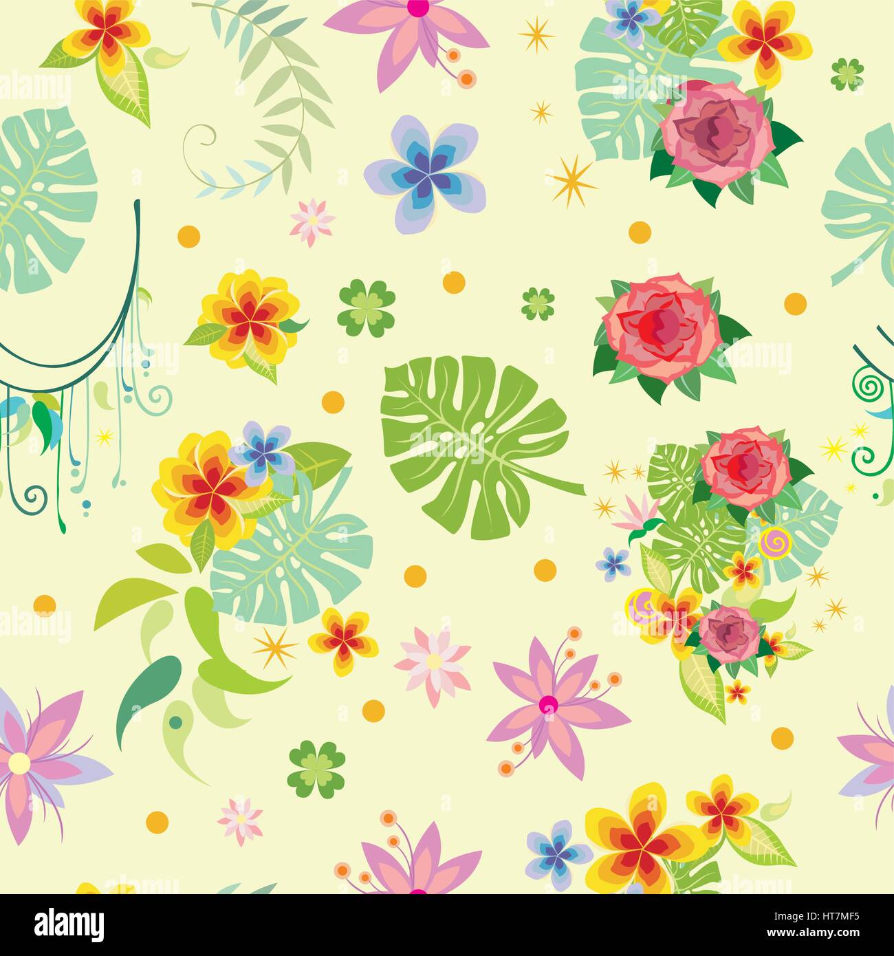Seamless pattern with different decorative plants on yellow background ...