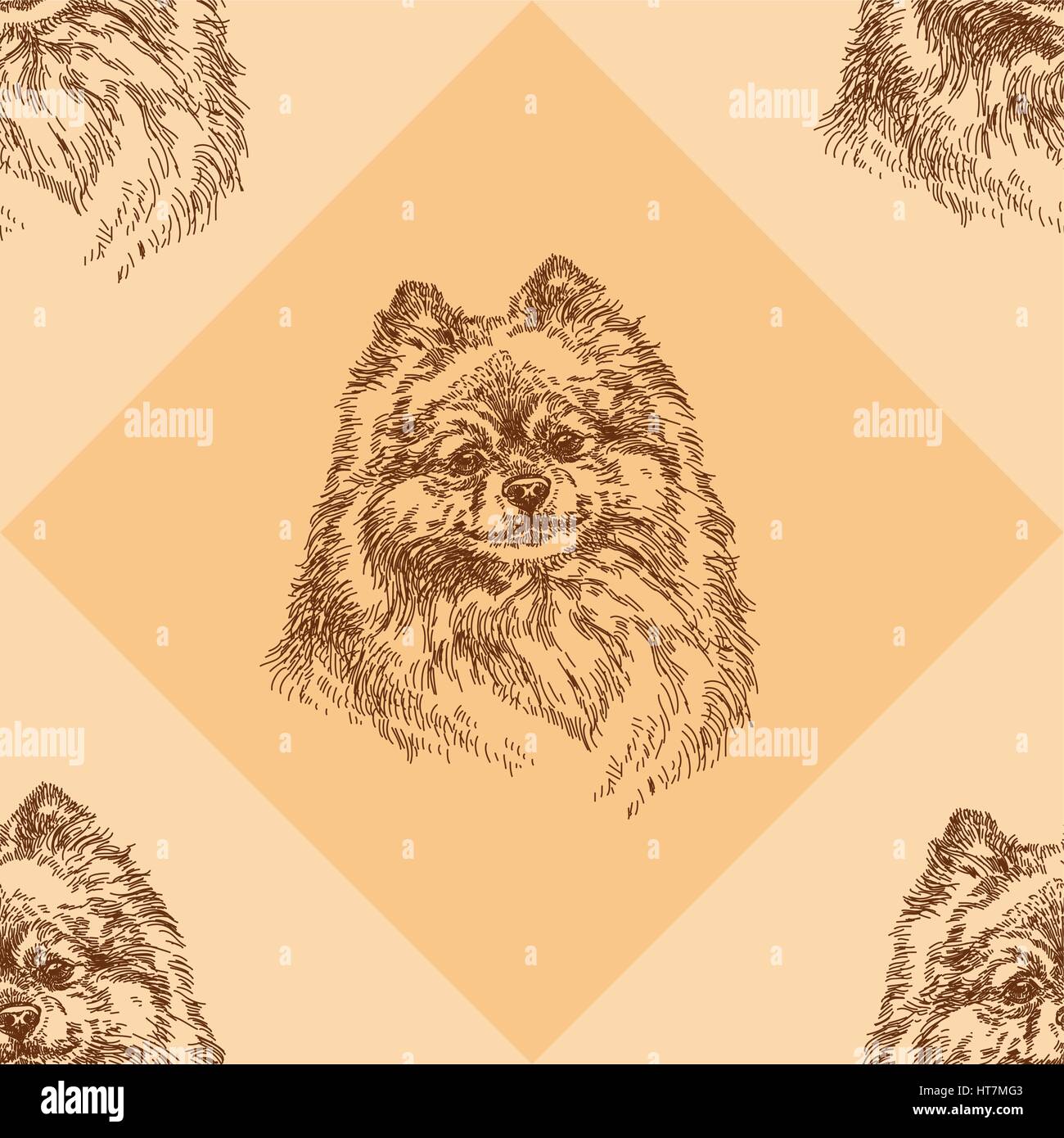 Seamless pattern with small Pomeranian on orange geometric background Stock Vector