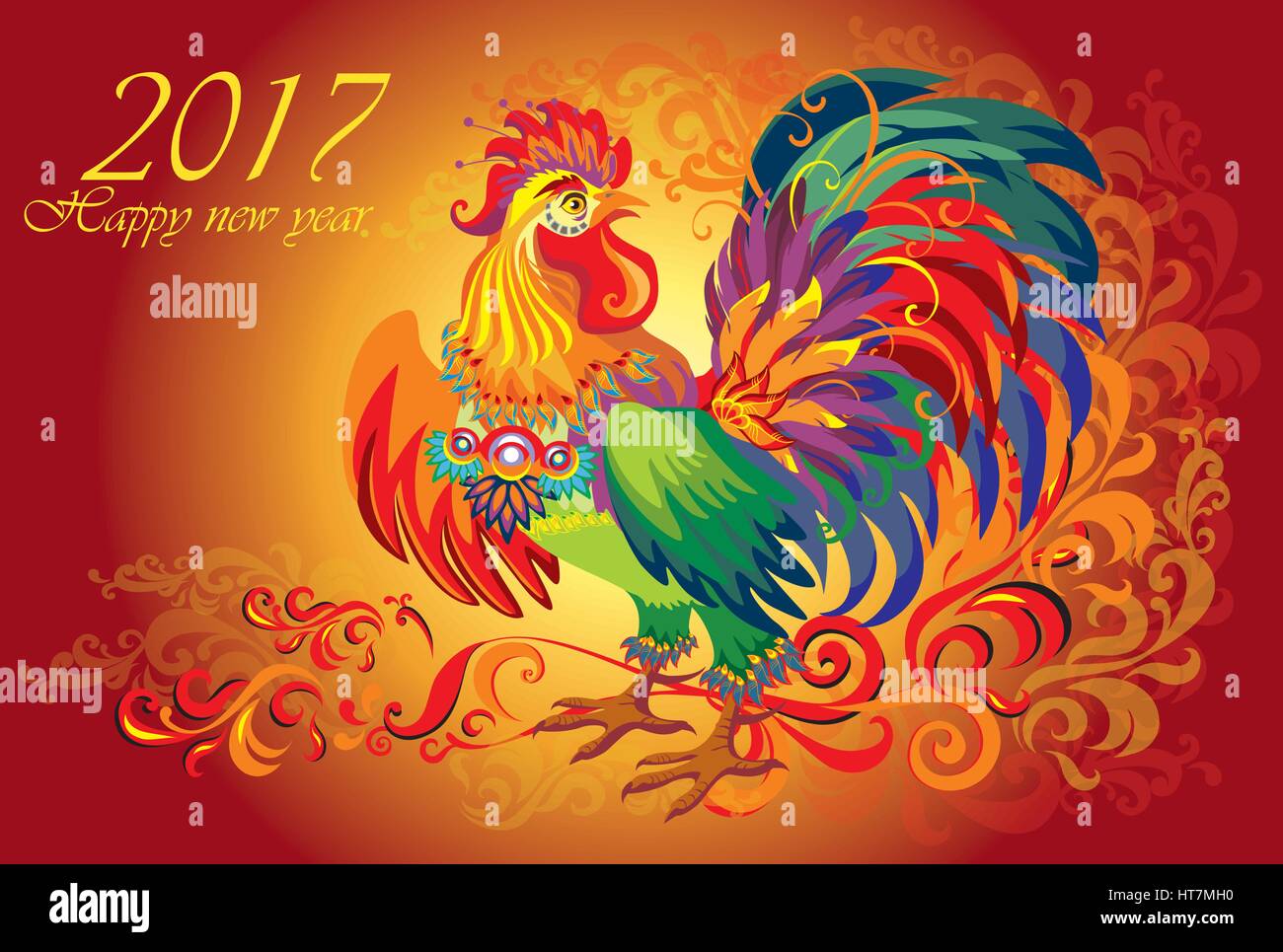 Vector hand drawn image of a fire rooster, the symbol of New year 2017 ...