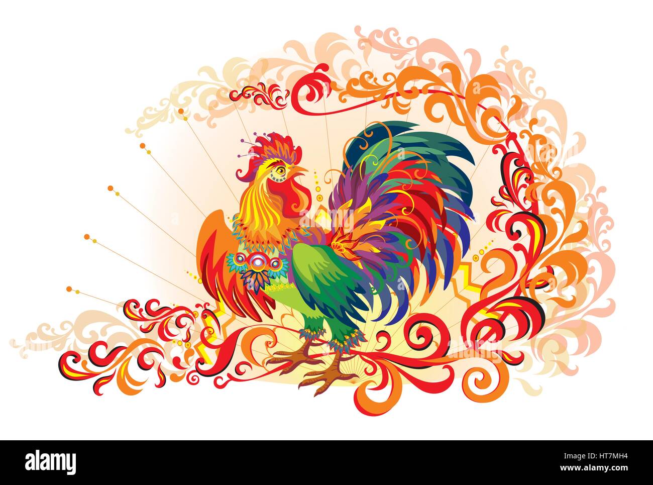 Vector hand drawn image of a fire rooster, the symbol of New year 2017 ...