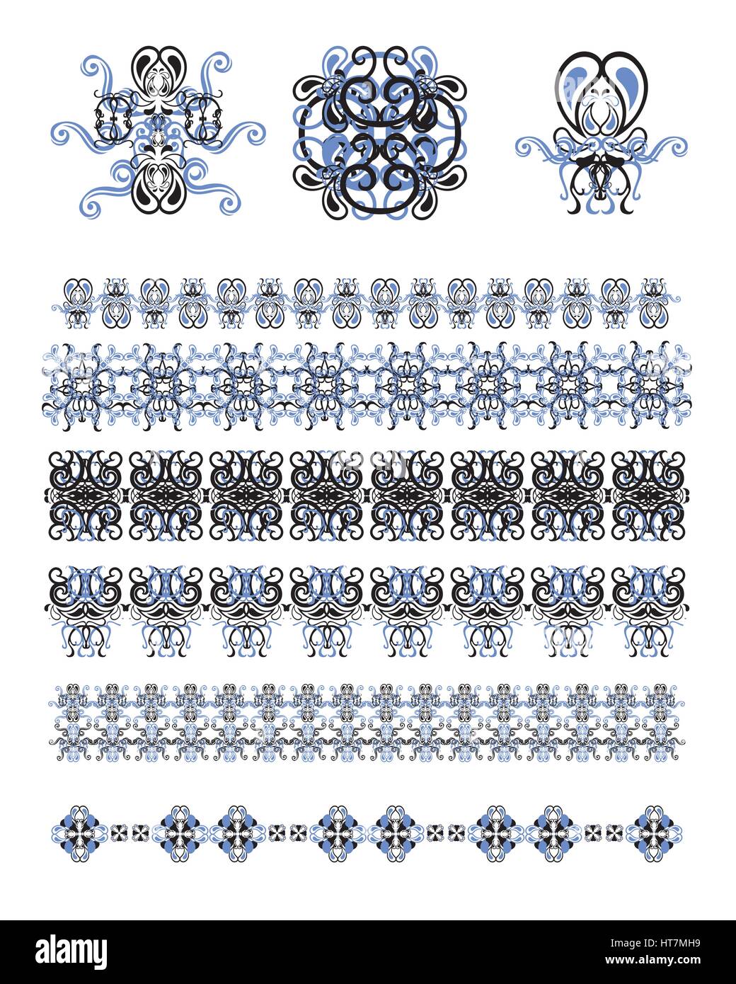 Vector set of line art frames and borders for design template. Element in Eastern style. Black and  blue outline floral frames. Mono line decor for in Stock Vector