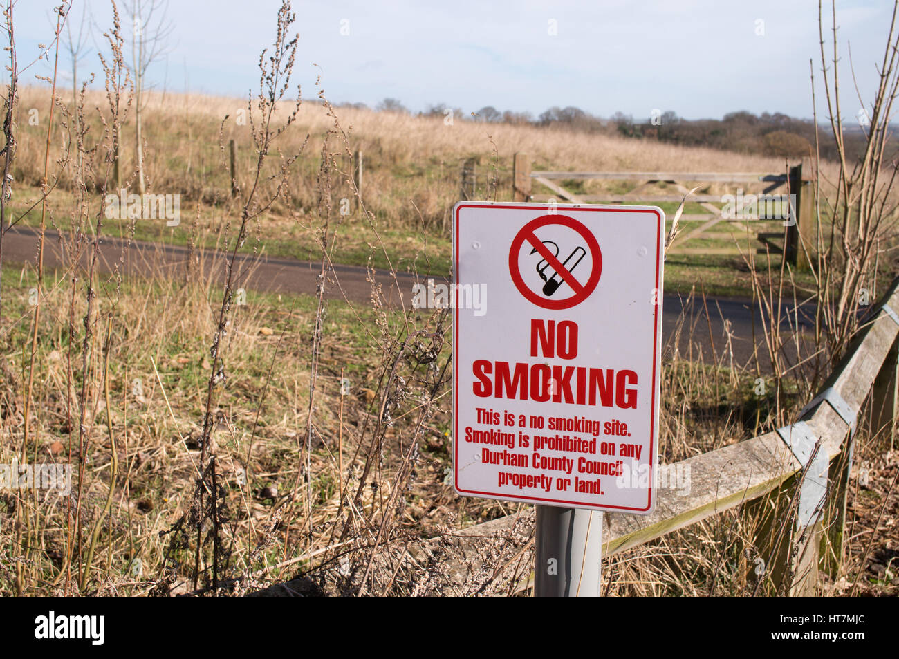 Sign, No smoking  anywhere on site, Durham County Council, England,UK Stock Photo