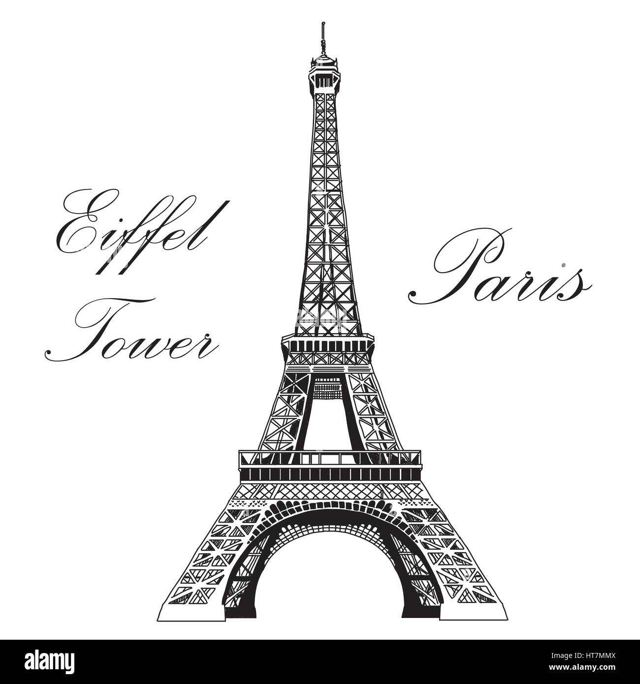 Vector hand drawing illustration black Eiffel tower on white background