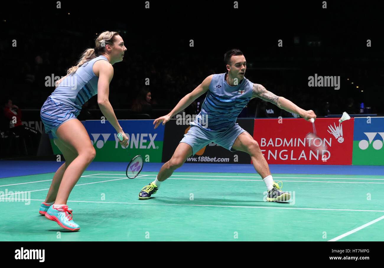 England's Chris Adcock (right) and Gabrielle Adcock in action during the Mixed doubles match during day two of the YONEX All England Open Badminton Championships at the Barclaycard Arena, Birmingham. PRESS ASSOCIATION Photo. Picture date: Wednesday March 8, 2017. See PA story BADMINTON Birmingham. Photo credit should read: Simon Cooper/PA Wire Stock Photo