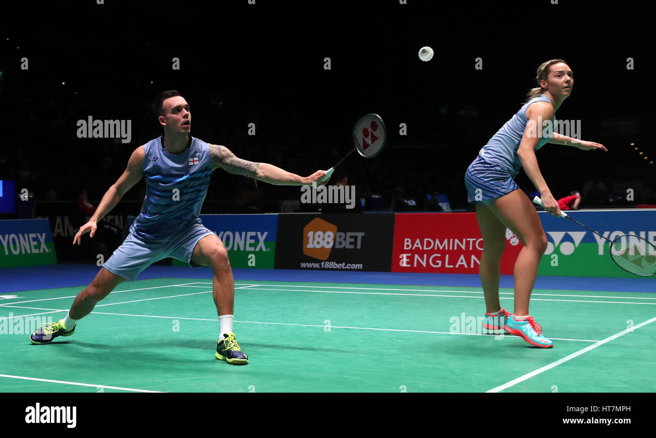 England's Chris Adcock (left) and Gabrielle Adcock in action during the Mixed doubles match during day two of the YONEX All England Open Badminton Championships at the Barclaycard Arena, Birmingham. PRESS ASSOCIATION Photo. Picture date: Wednesday March 8, 2017. See PA story BADMINTON Birmingham. Photo credit should read: Simon Cooper/PA Wire Stock Photo