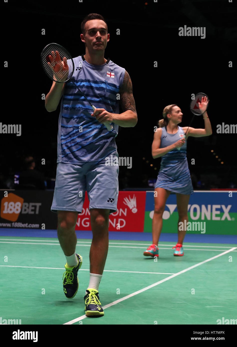 England's Chris Adcock (celebrate) and Gabrielle Adcock after winning their  Mixed doubles match during day two of the YONEX All England Open Badminton  Championships at the Barclaycard Arena, Birmingham Stock Photo -