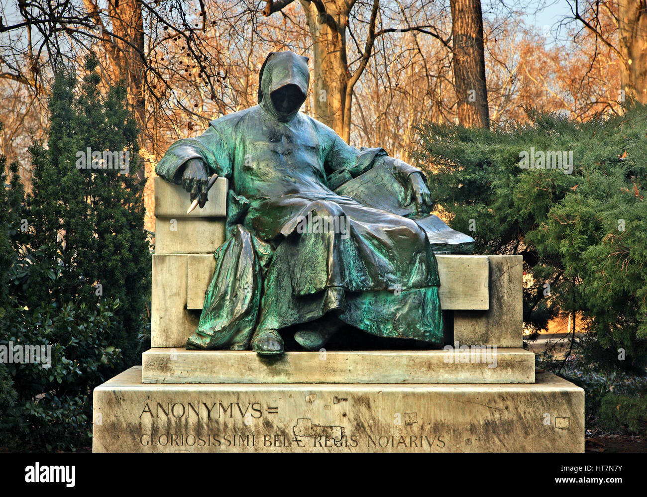 Statue of Anonymus at Vajdahunyad Castle in the City Park (Varosliget), Budapest, Hungary Stock Photo