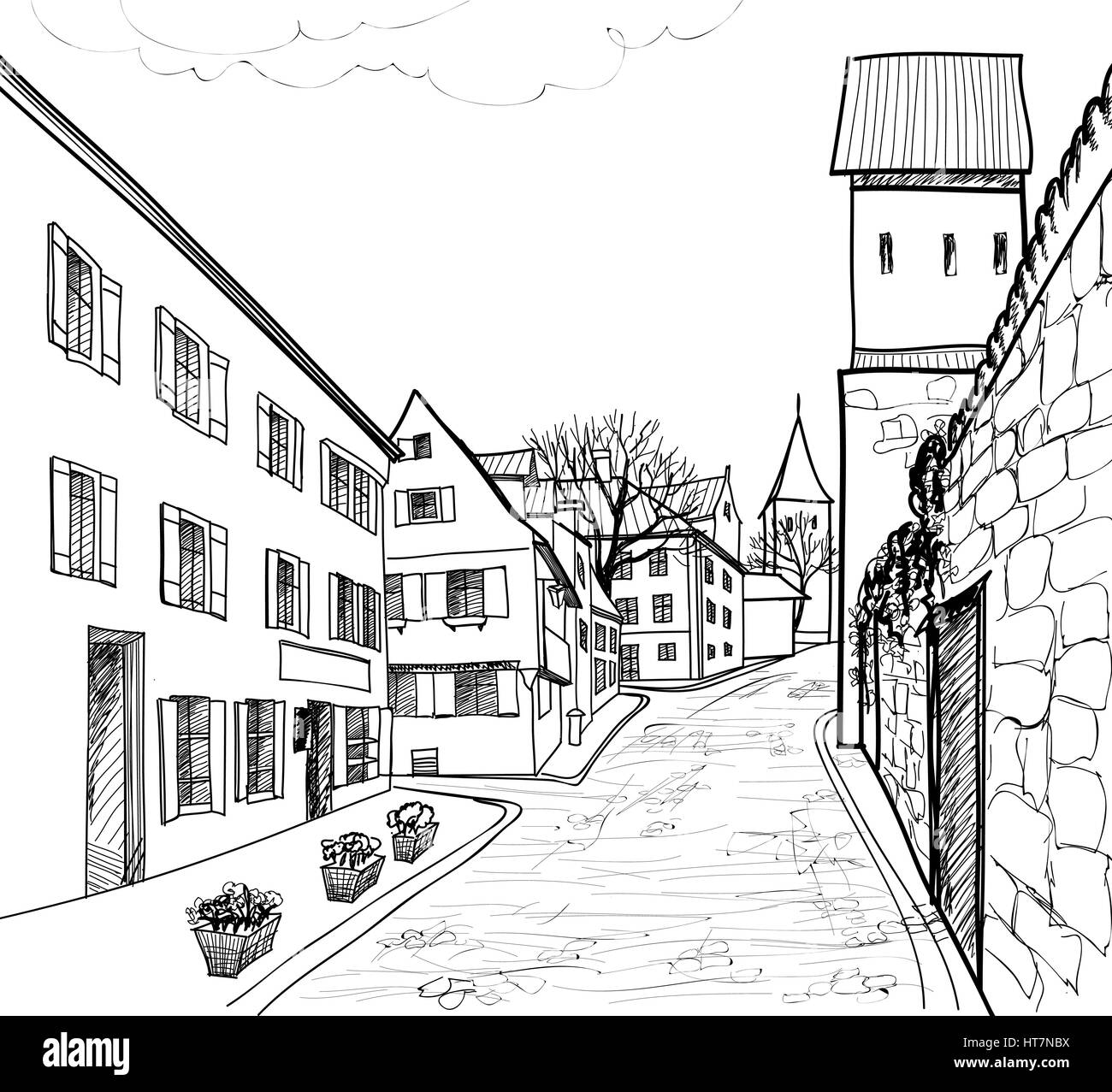 Street cafe. Old city view. European cityscape: house, building, tree. Stock Vector