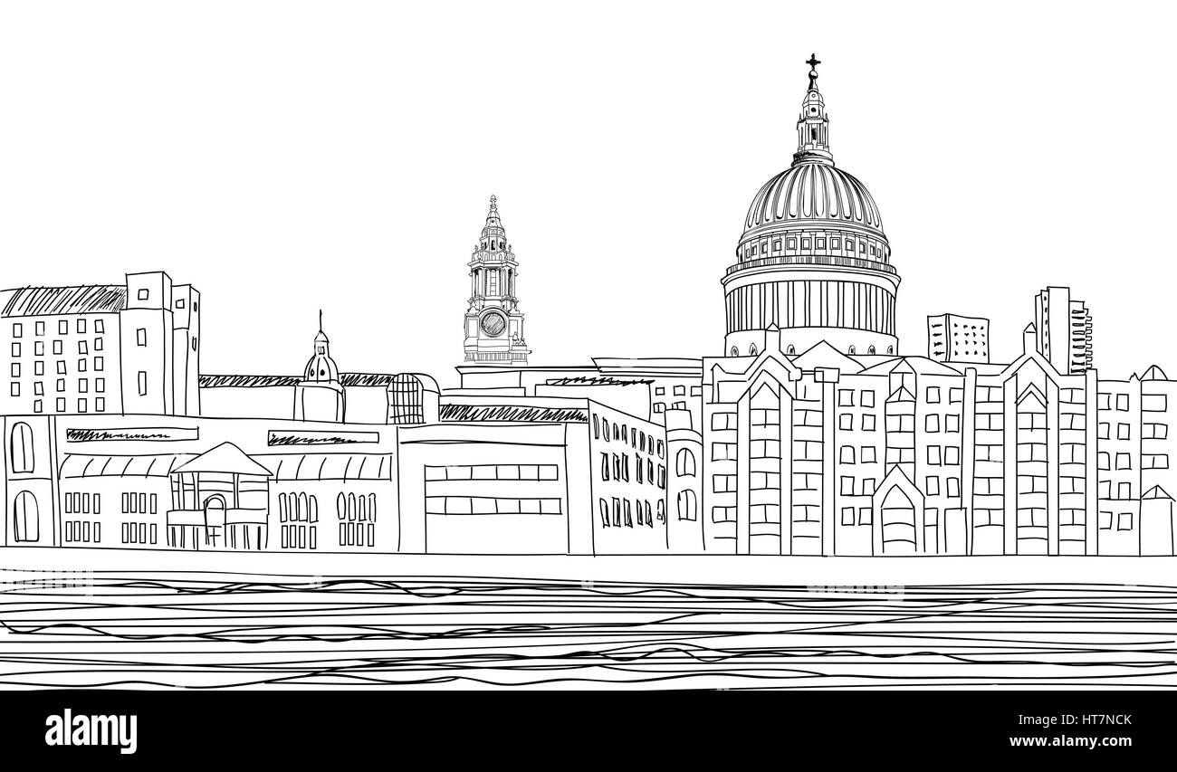 St Paul's Cathedral. London landscape with River Thames, England UK . Hand drawn pencil vector illustration. Stock Vector