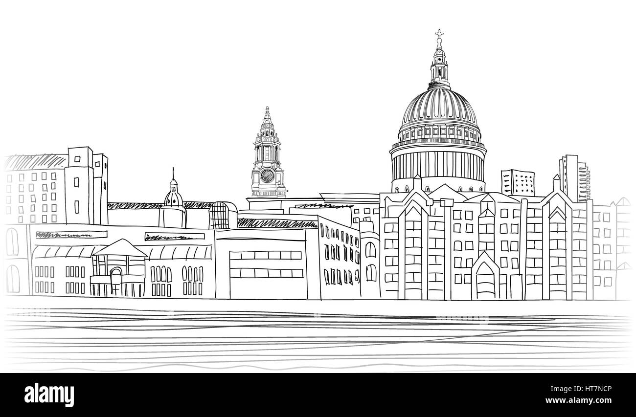 St Paul's Cathedral. London landscape with River Thames, England UK . Hand drawn pencil vector illustration. Stock Vector