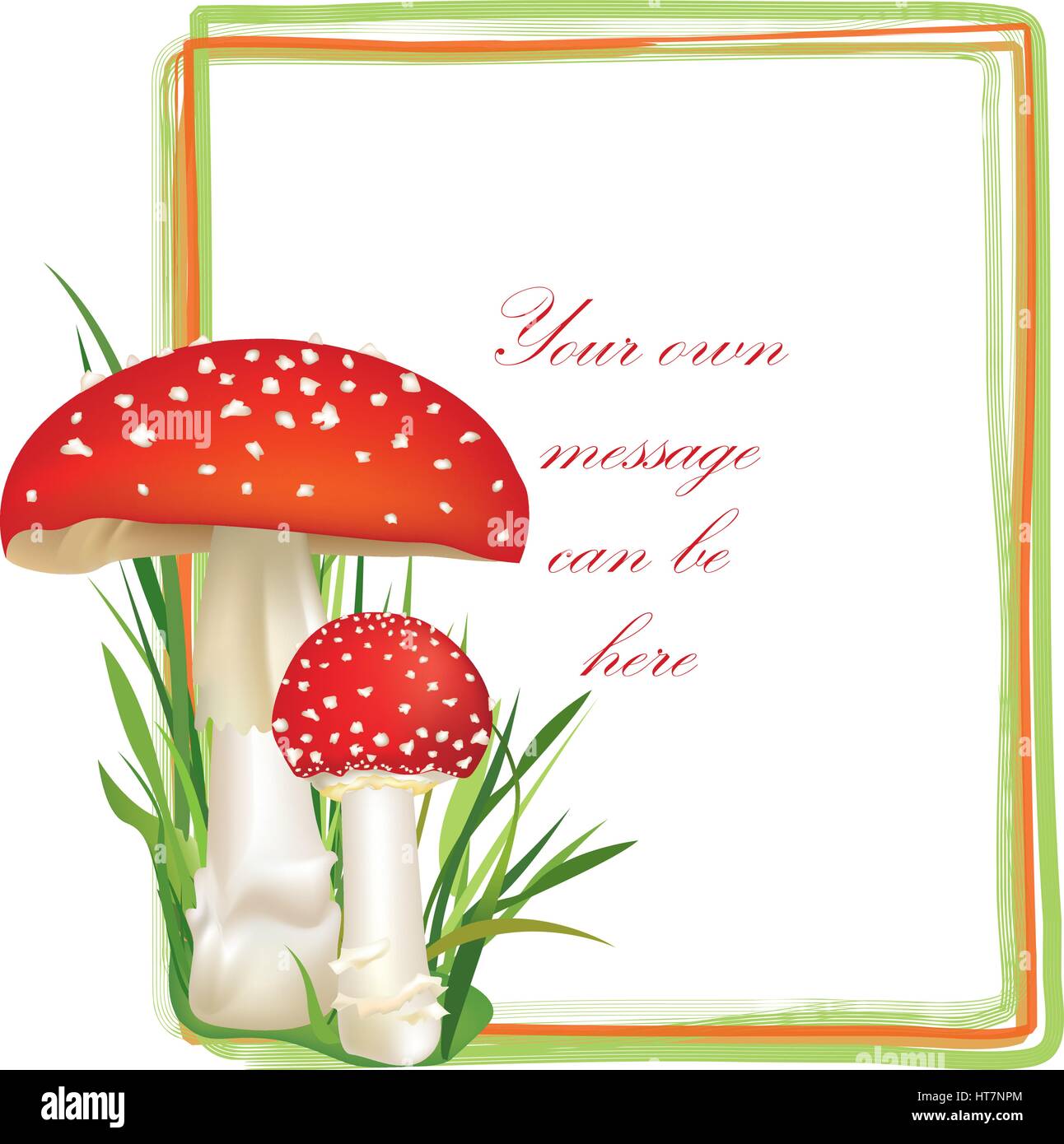 Red poison mushroom. Autumn frame with copy space. Floral fall border isolated on white background. Stock Vector