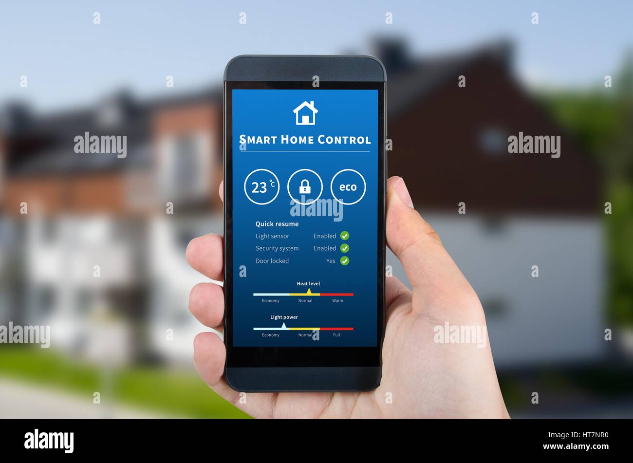 Intelligence home control technology. Remote automation system on mobile device. Eco and security solution Stock Photo