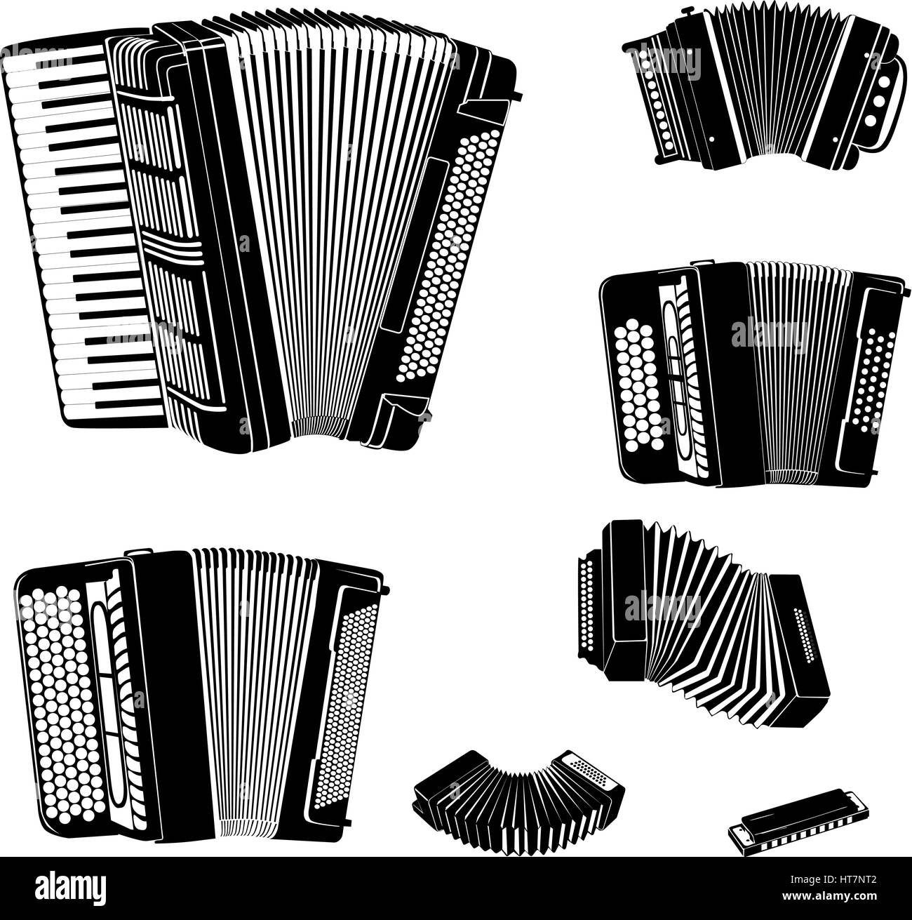 Music instruments vector set. Musical instrument silhouette on white background. Accordion family music equipment collection. Stock Vector
