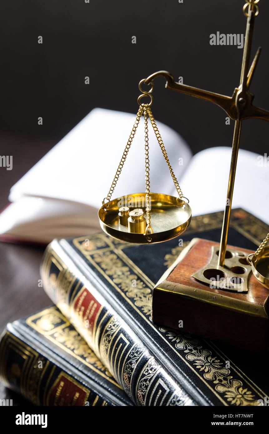 Weight scale and books. Scales of Justice and law concept Stock Photo