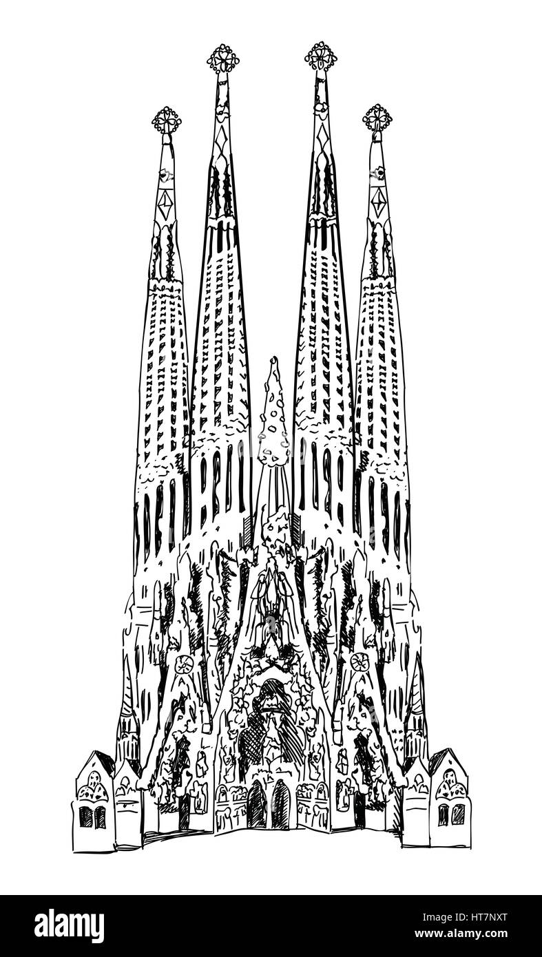 Barcelona famous cathedral. Landmark facade sketch. Travel Spain label ...