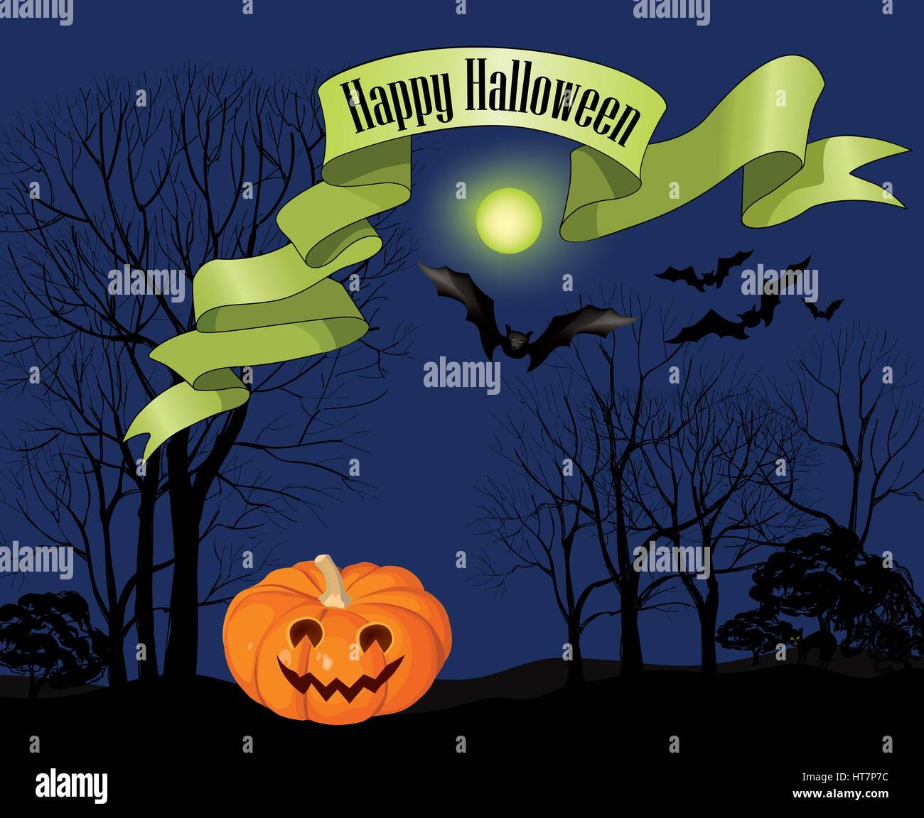 Halloween greeting card. Holiday Halloween landscape background Stock Vector